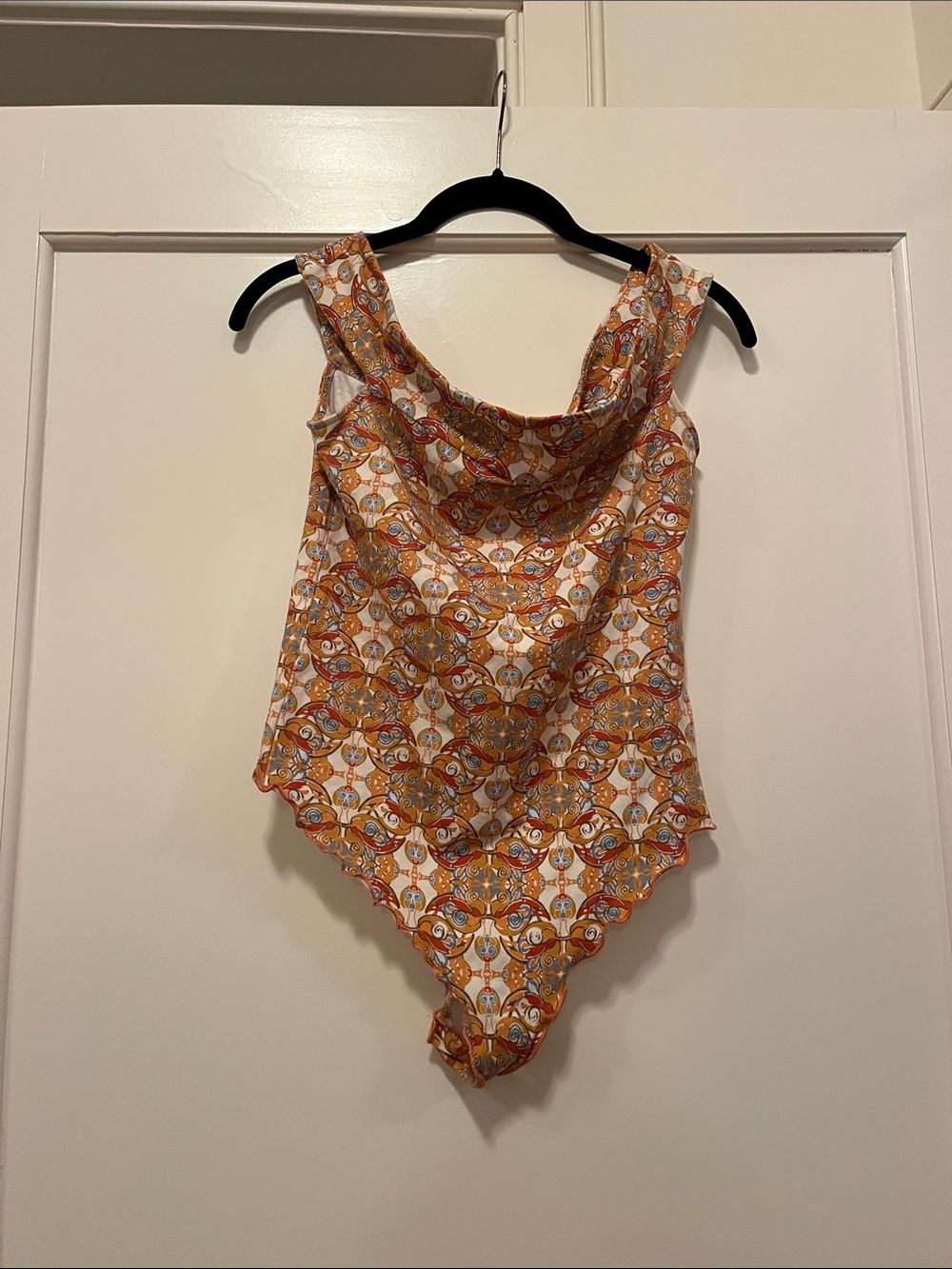 Free People Orange Patterned Cowl Neck Bodysuit